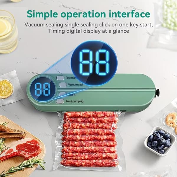 Bärbar USB-vakuumförseglare med 1200mAh batteri. Förseglar snacks, med externa sug-/uppblåsningsfunktioner. För kök och utomhusbruk.