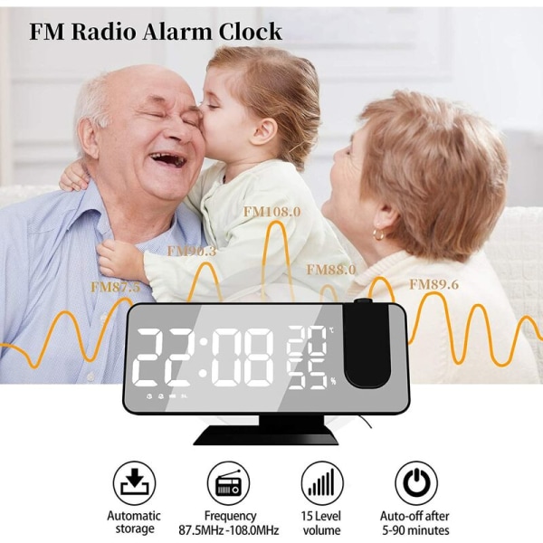 Projektorklocka med radio, digital klocka, USB -klockradio med dubbla larm och 7（vita tecken） LED-spegeldisplay