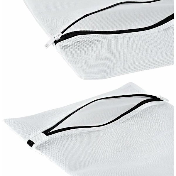 Set med 6 mellanstora svarta och vita polyester tvättpåsar, hushållsartiklar.