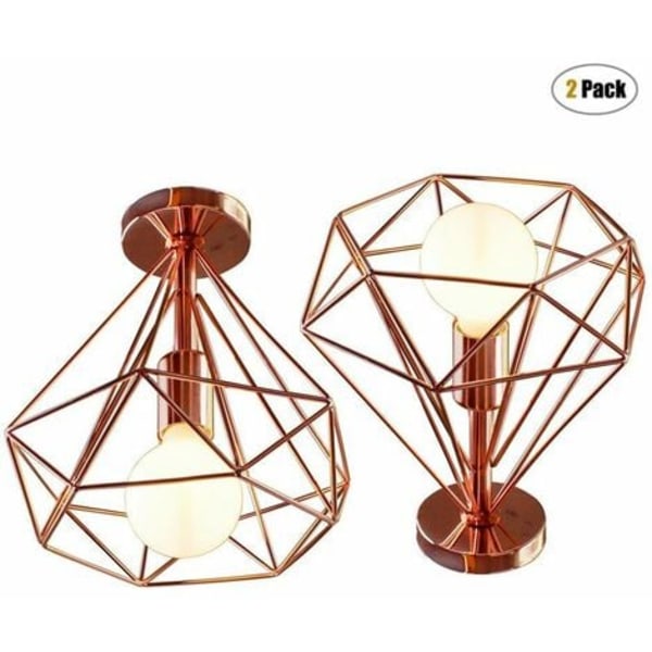 Set med 2 industriella taklampor retro bur diamantformad lampskärm 25cm E27 roséguld