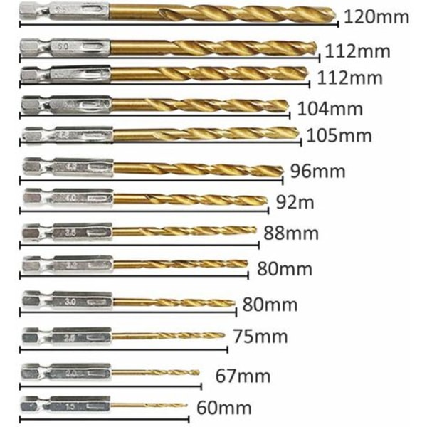 13 stk HSS spiralbor titaniumbelagt højhastigheds stål sekskantbor 1,5 mm - 6,5 mm