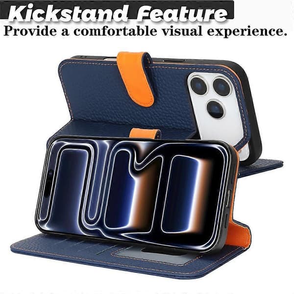 Kompatibelt för iPhone 17 Pro Ställfodral Litchi Textur Äkta Läder Plånbok Telefonfodral RFID Blue