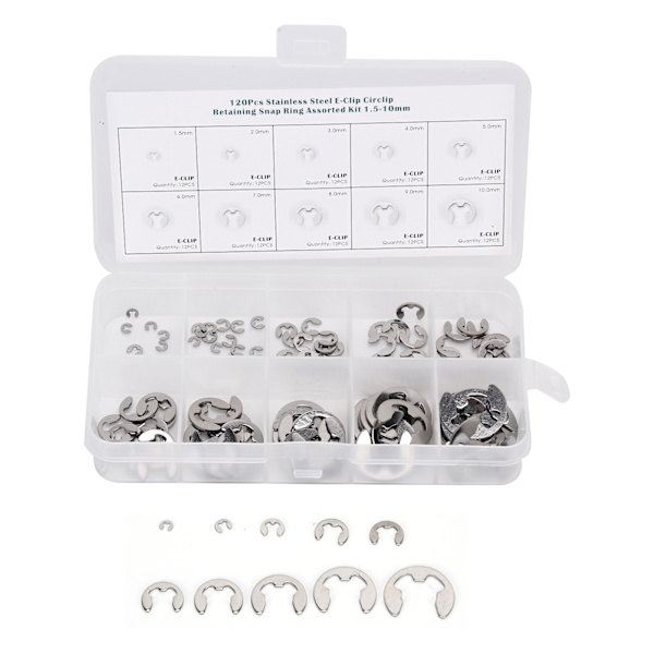 120 stk. E-clips sortiment rustfrit stål ekstern låsering sæt 1,5 mm til 10 mm
