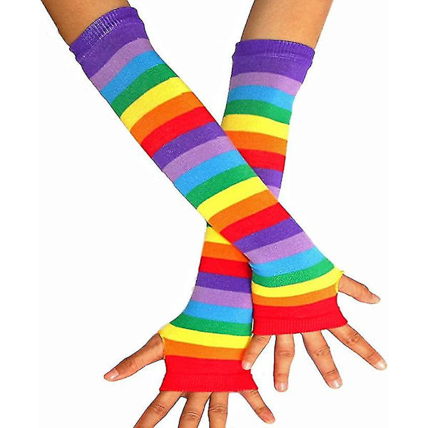 Rainbow Stripes Arm Warmer Farverige Fingerløse Handsker Ærme Til Kvinder Piger Carnival Party