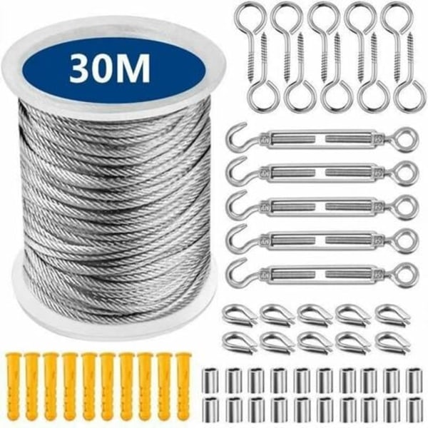 Opphengningssett for tau i rustfritt stål 30 meter rustfritt ståltau, 304 tausett i rustfritt stål med spennspenne og kroker