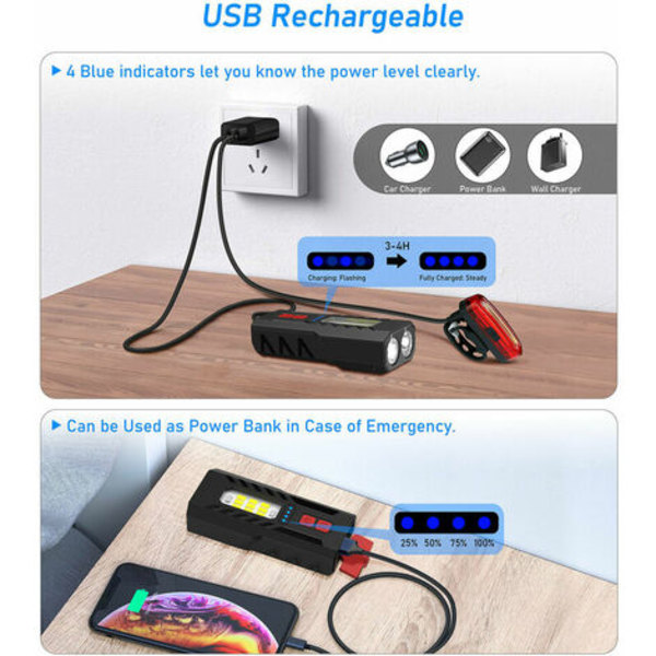 Sykkellyssett, oppladbart vanntett sykkelfrontlys og baklys bak, 8+ timers batterilevetid, 5 lysmoduser (svart)