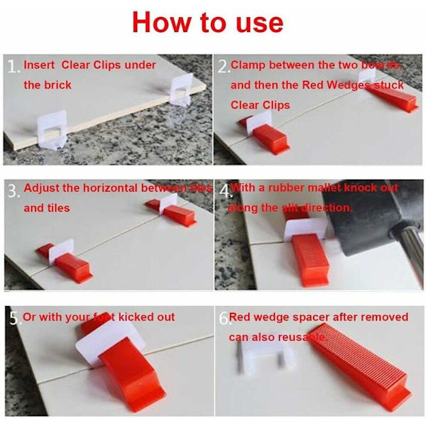 Tile Leveler Leveling System Kit for keramiske veggbyggeverktøy (200 kiler + 1 klemme)