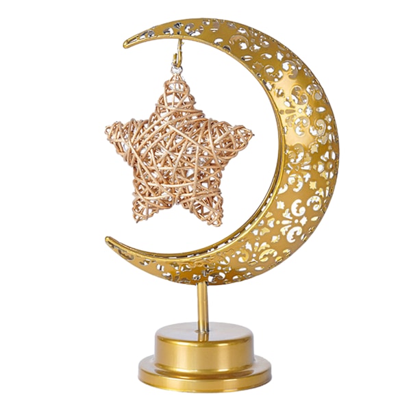 HT Bordlampe Månelampe med Jernåpent Mønster og LED, Hengende Måneform Dekorativt Nattlys med Rottingstjerner Tengtiao Star Style