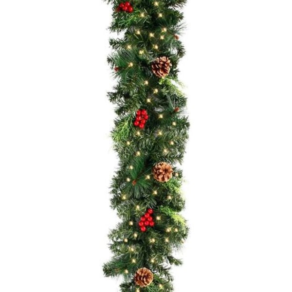180 cm konstgjord julgransljusgirland, grön grangirland med kottar, röda bär, perfekt juldekor