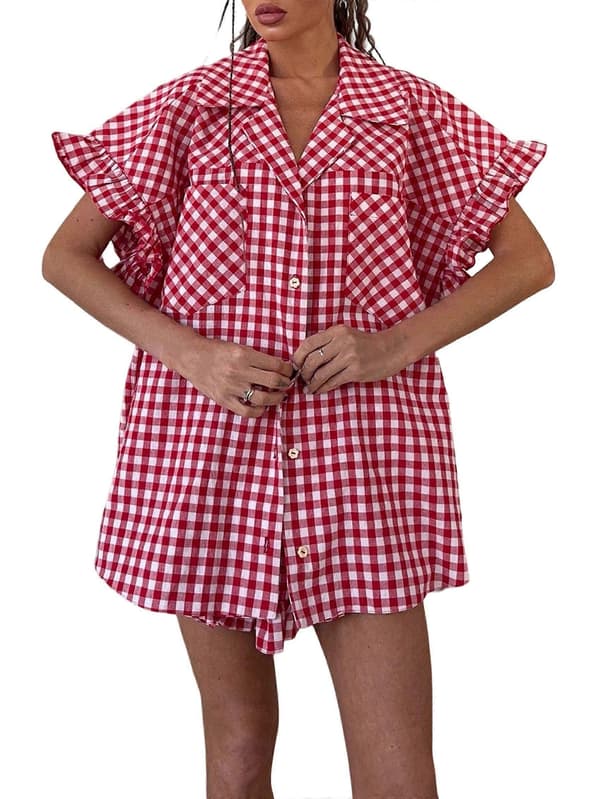 Dame Gingham Flæseærme Knapskjorte og Shorts Todelt Sæt Tern M[ht] Plaid M