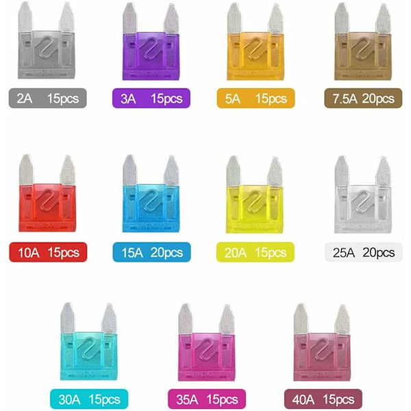 180 stk mini sikringssæt diverse bilsikringer 2A 3A 5A 7.5A 10A 15A 20A 25A 30A 35A 40A til bilvogn med 1 klinge