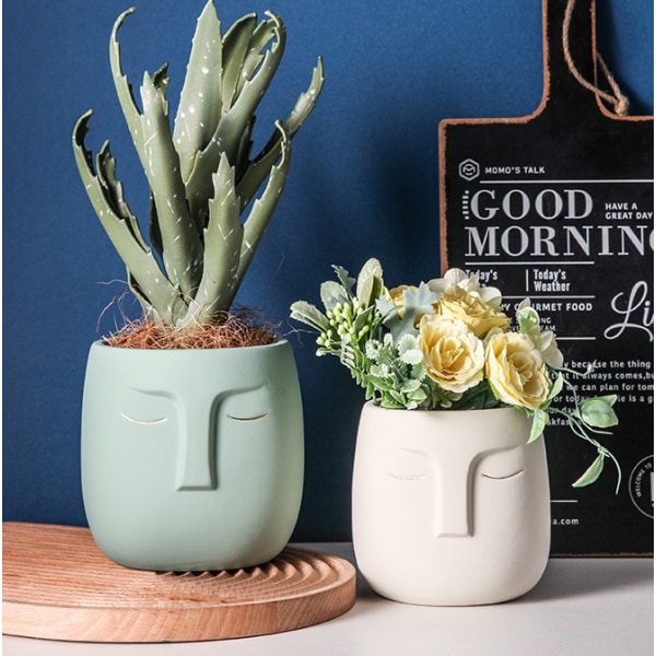 Abstrakt blomkruka, konstmöbler i vardagsrummets veranda med stildekoration, enkel grön växtblomkruka (mörkgrön, 14*14*13 med hål),