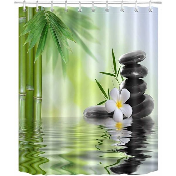 Spa duschdraperi med krokar, 180 x 200 cm Svarta stenar Orkidéer Bambu vattenmönstrad badrumsgardin Vattentät M