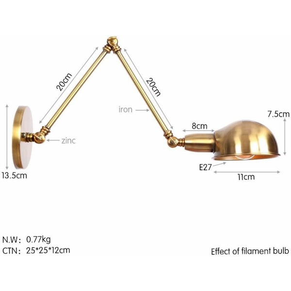 Retro justerbar svängarm industriell vägglampa Retro flexibel arm vägglampa och guld metallskärm