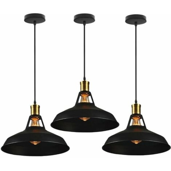 Sett med 3 industrielle anheng lysekrone taklampe E27 metallskjerm for soveromsbar - svart - svart