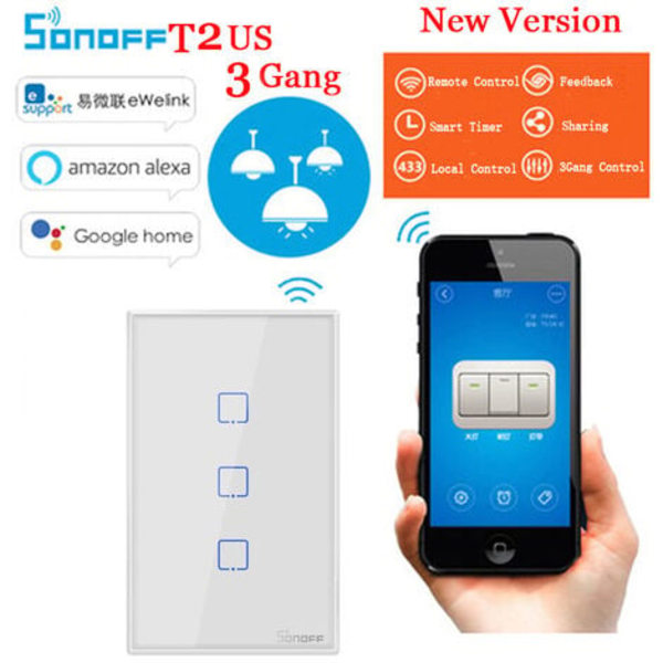 Sonoff T2 US 3C med smart wall touch switch i smart home stemmestyring