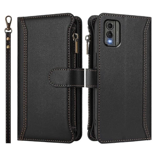 Magnetiskt Läderplånboksfodral med 9 Kortfack, Blixtlåsficka och Handrem för Säker Förvaring For Nokia C32