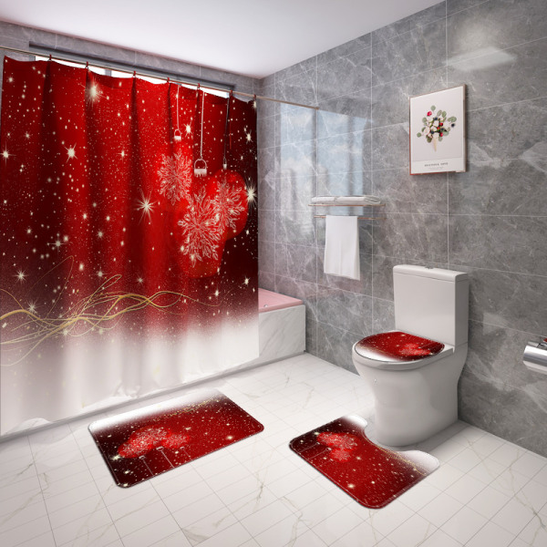 Julelement printed fyra delar toalettgolvmatta set Snowball Vattentät duschdraperi, A02,