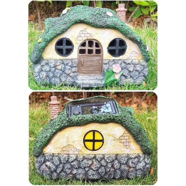 Fairy Garden Statue House Figurine, vakkert peishus med solenergi LED-lys for innendørs utendørs terrasse hage plen