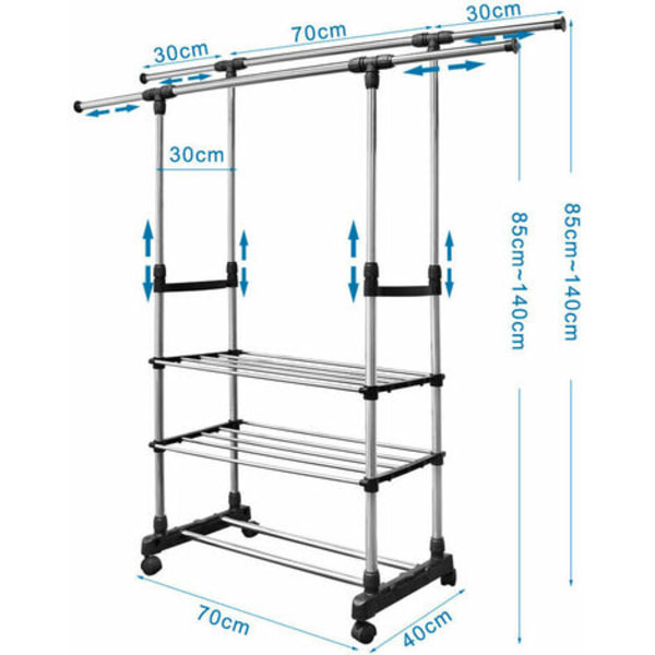 Laajennettava kaksinkertainen vaateteline, metallinen vaateteline, säädettävä korkeus, alempi säilytyshylly, 3 tasoa, liikuteltava pyörillä,