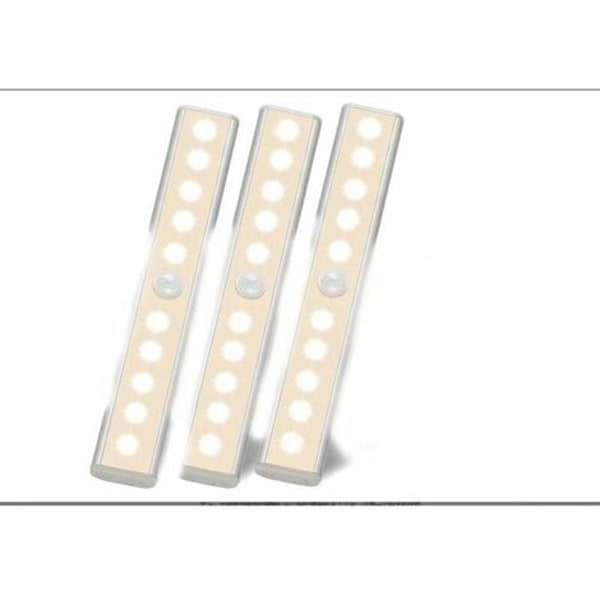 Bevegelsessensor LED-interiørlys - 3 pakke 10 LED-lamper Trådløs walk-in-garderobe batteridrevne lys med selvklebende kjøkken