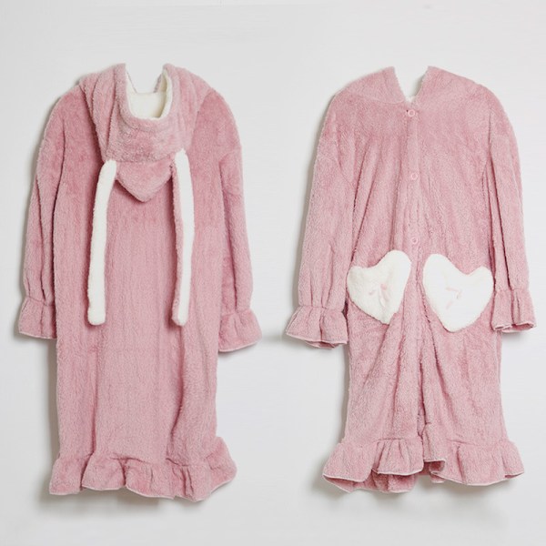 Cartoon-par pyjamas för kvinnor, vinter, korallfleece, långa morgonrockar Pink Heart Nightgown S