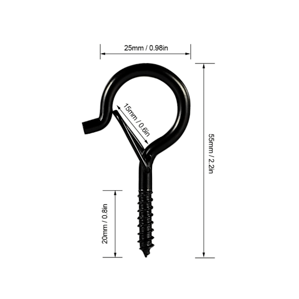 20 pakke skrukroker Svarte skrukroker 4 mm x 55 mm Heavy Duty takkroker Sikkerhetsløkke med skruer for oppheng av plantebask