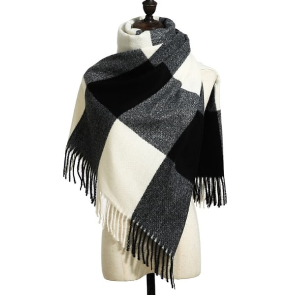 Efterår og vinter plaid frynsede kashmir tørklæde (sort og hvid) 70*180cm