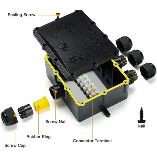 Utendørs IP68 vanntett koblingsboks - 4 veis større kabel, elektrisk koblingsbokskontakt for kabel Ø 4 til 14 mm, ABS
