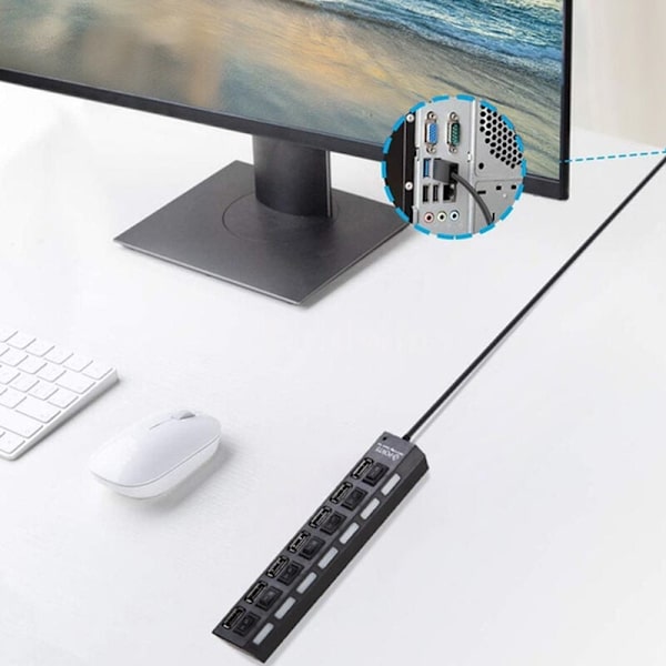 (7 Port - Vit) Oberoende Switch Universal Keyboard Mus USB Interface Splitter