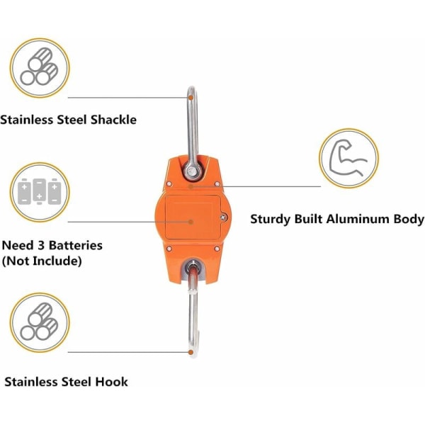 660lb digital hængevægt med støbt aluminiumshus, 300 kg mini bærbar kranvægt med krog til gårdjagt, udendørs fiskeri (orange)