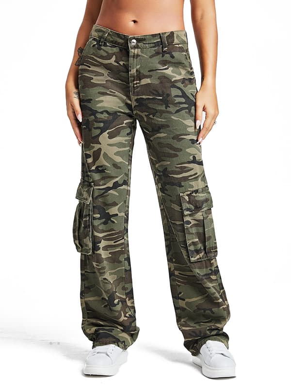 Dame Camo Print Cargo Jeans Jeans med brede ben S