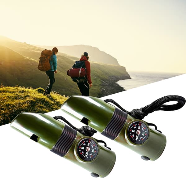 2 stk Utendørs Multifunksjon Survival Whistle Supply med nylonrep termometer kompass