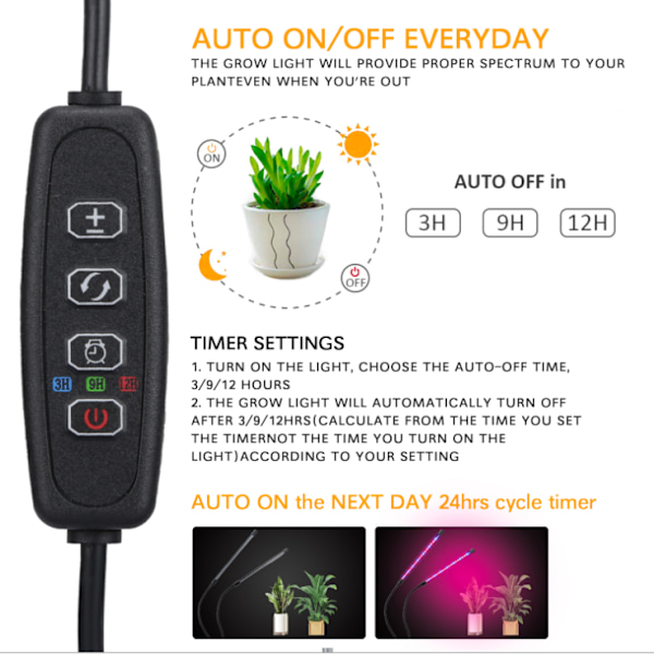 Fuldt spektrum LED-plantevækstlys, justerbart UV-bonsai-plantevækstlys (to-rørs LED-plantevækstlys，5V-3A US/EU-adapter)