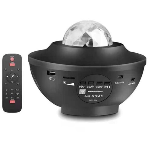 Stjerneprojeksjon Lys Vannmønster Laser Stemningslys Musikk Bluetooth USB Stjerneklar soverom Nattlampe, svart