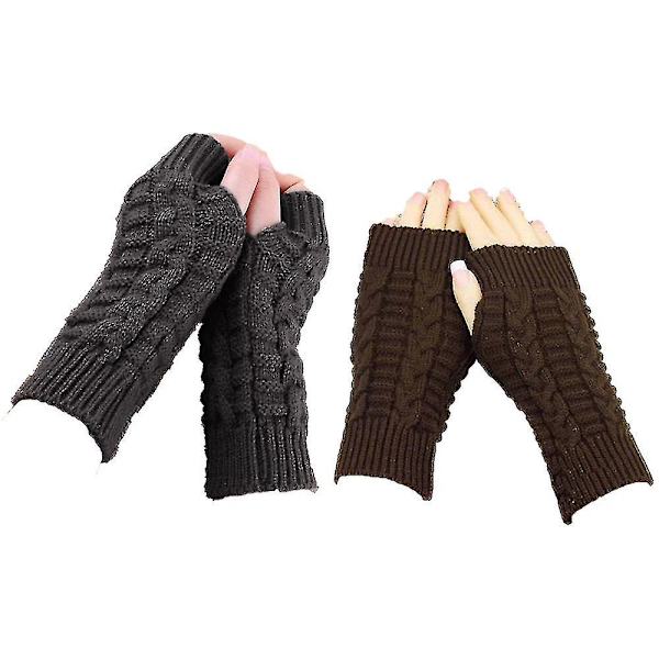 Talven lämpimät neulotut sormettomat käsineet käsin virkatut peukalonreikä käsivarsien lämmittimet lapaset Dark Gray*Brown