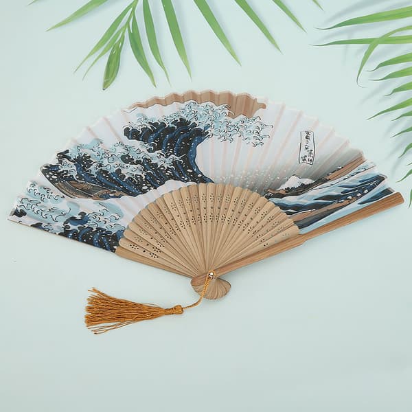Japansk Stil Målade Vågor Bambu Fällbar Fläkt Elegant Heminredning Kontor