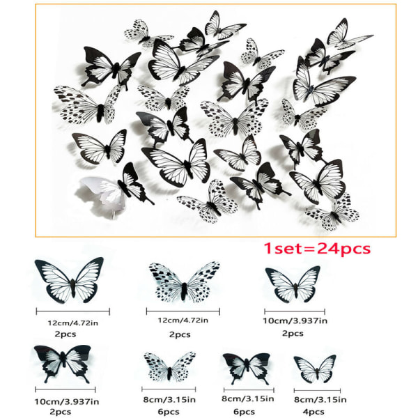 24 kpl Black White Butterfly 3D Home Decorations seinätarratarrat