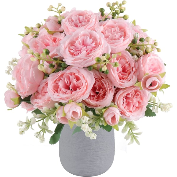 Faux sidenpionblommor, vit falsk pionbukett med 4 blomsterarrangemang Dekorationer Farmhouse Hem Boho Style Bröllop