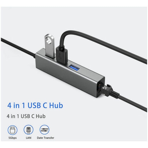 USB C til Gigabit Ethernet-adapter USB C til USB 3.0 10/100/1000 RJ 45 LAN-netværksadapterkabel, understøtter Windows 8/7/10