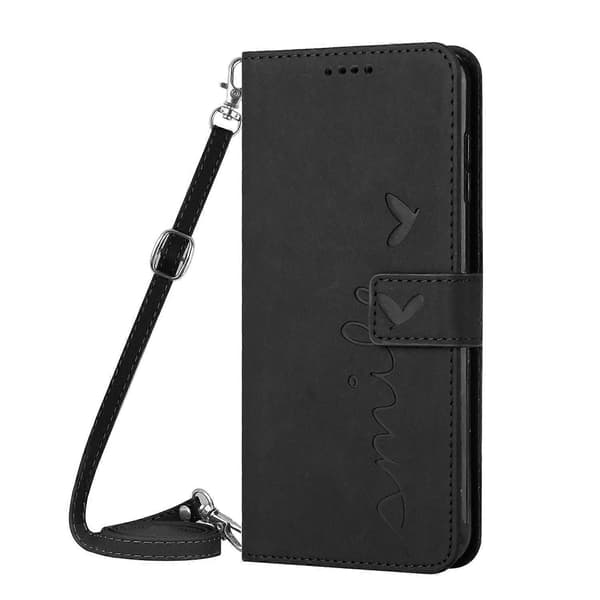 Hudfølelse Hjertepræget Læder Telefoncover med Lang Snor til Google Pixel 8a Black