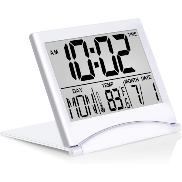 Digital reisevekkerklokke - Sammenleggbar kalendertemperaturtimer LCD-klokke med slumremodus - Stor digital skjerm, Batt