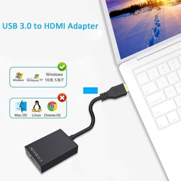 USB 3.0 til HDMI-adapter, USB 3.0/2.0 til HDMI-konverter 1080P Full HD (mand til kvinde) med lyd til bærbar HDTV-projekt