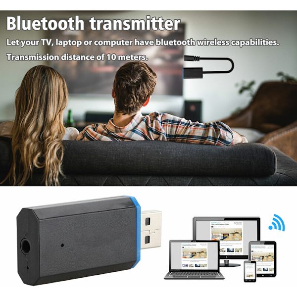 Bluetooth-sender for TV, Bluetooth 5.0 trådløs lydadapter 3,5 mm trådløs adapter sender for hodetelefoner PC TV Laptop og mer