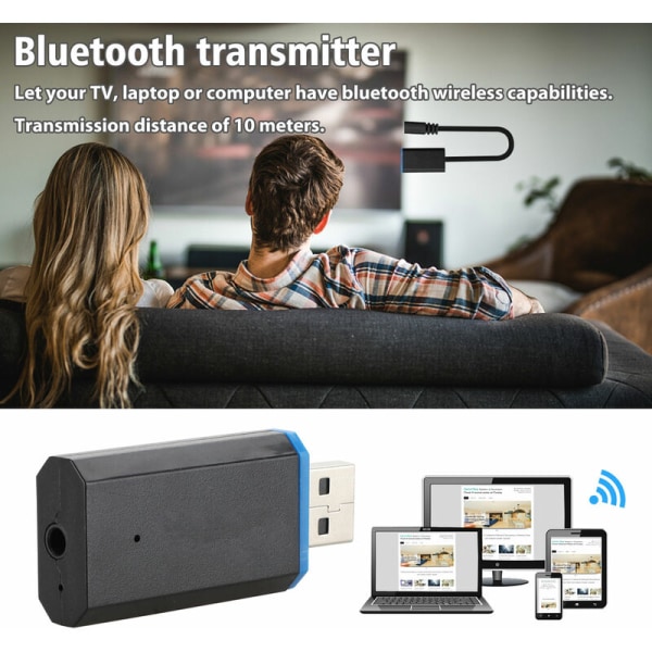 Bluetooth-sender til TV, Bluetooth 5.0 Trådløs Audioadapter 3,5 mm Trådløs Adapter Sender til Hovedtelefon PC TV Bærbar og Mere