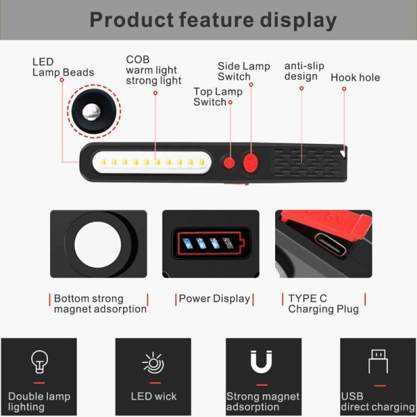 Oppladbart LED-arbeidslys, tofarget kombilys inspeksjonslampe 2 i 1 COB LED fakkellampe med dobbel magnet for A