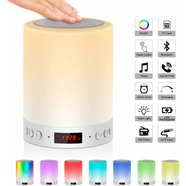 Sänglampa med Bluetooth högtalare med FM-radio och digital väckarklocka med USB Touch Control Digital klocka RGB natt