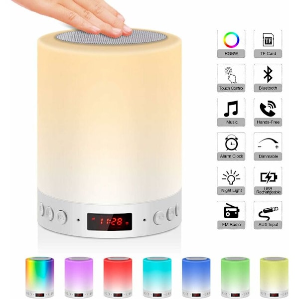 Sengelampe med Bluetooth-højttaler med FM-radio og digitalt vækkeur med USB Touch Control Digitalt ur RGB Night