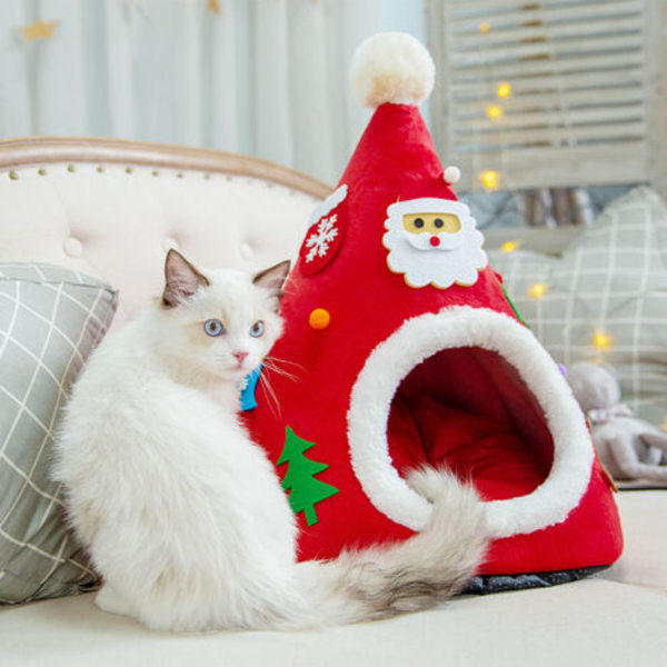 Julehatt Kattehus Vindtett kattereir Julevarm katteseng til vinter Komfortabel kattehusseng，rød katteseng