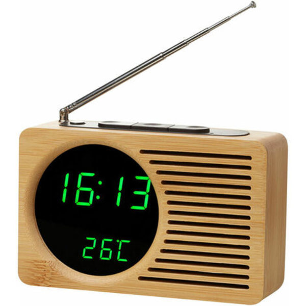 Retro multifunktionell sängradio i trä, tyst väckarklocka för den lata, kreativa elektroniska presentklockan (prickat nät